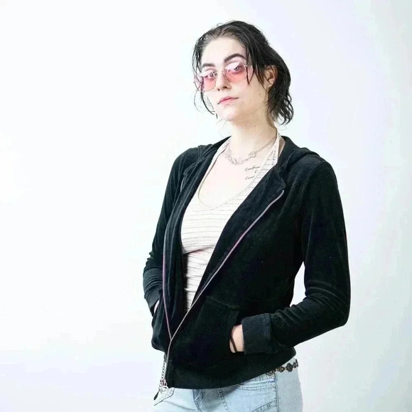 Y2K Michael Michael Kors Black Velour Zip Up Track Jacket - S - Picture 1 of 7